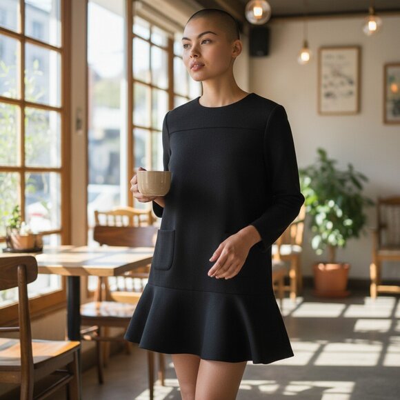 Ballerina Ruffle Women S Black Wool Drop Waist Pockets Gold Back Zipper Boho Top - Picture 1 of 8